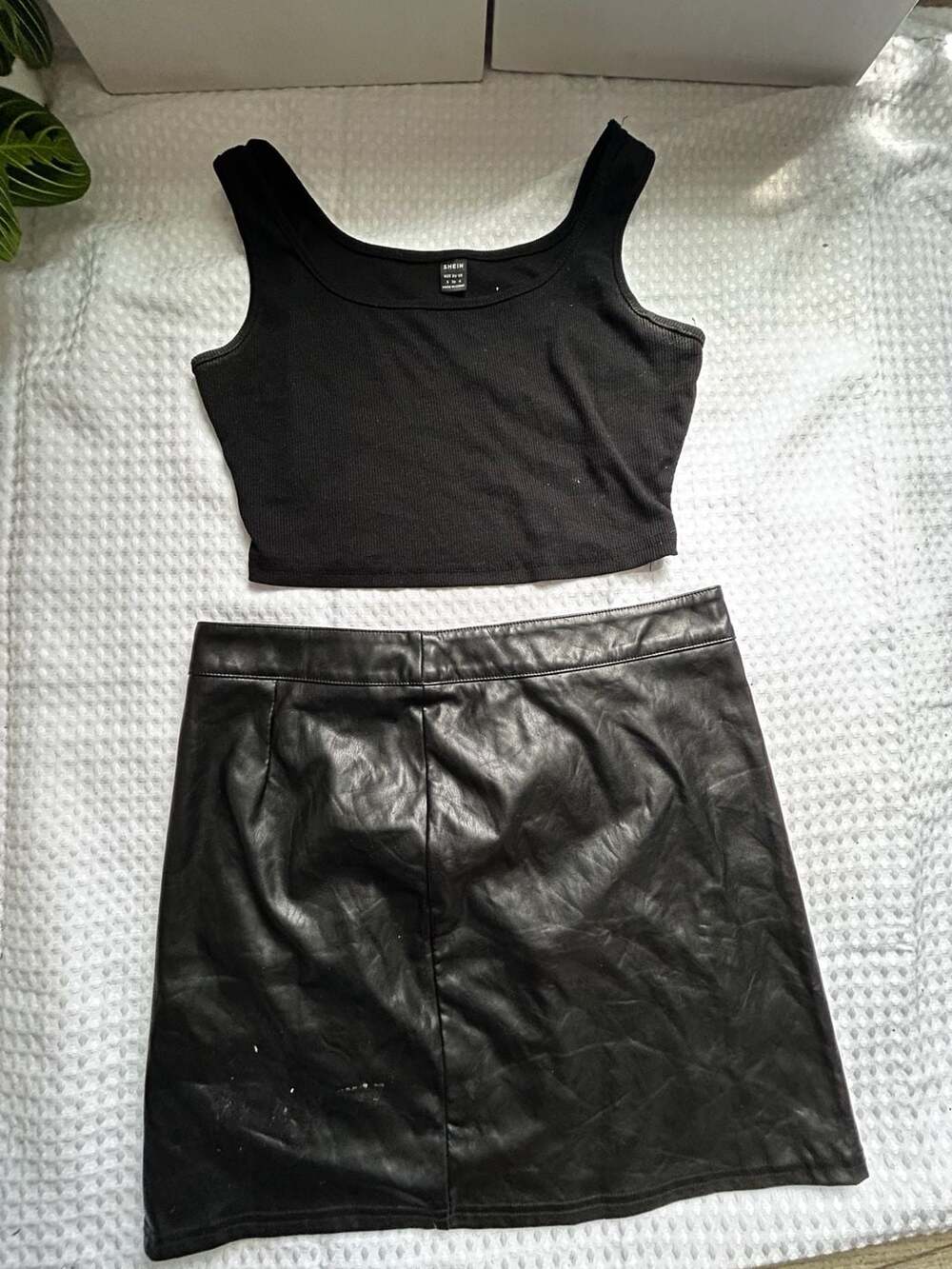Black Ribbed Tank Top and Faux Leather Mini Skirt Set Size S - Picture 2 of 2